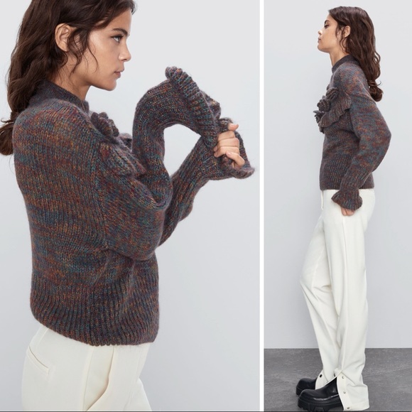 Zara Mohair Blend Oversized Knit Sweater Ruffle Flower Pom-Poms Bubble Sleeves - Picture 4 of 14